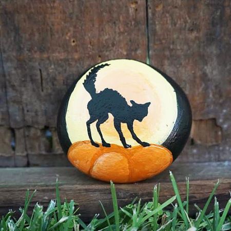 Halloween Cat Painted Rock
