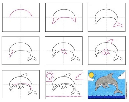 Premium Vector | How to draw a dolphin for kids. easy drawing steps for kids.  animal vector illustration. flat animal