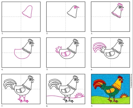 how to draw a rooster step by step