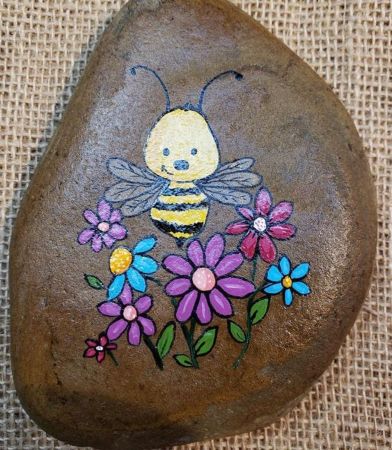 Colorful Flowers and Bee Rock Painting
