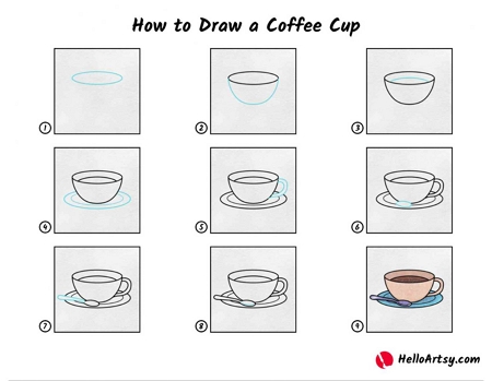 HOW TO DRAW A CUTE COFFEE CUP, STEP BY STEP 